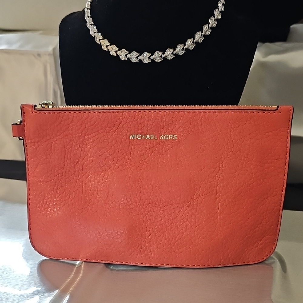 Michael Kors Coral Textured Leather Clutch/wristlet With Zipper Closure